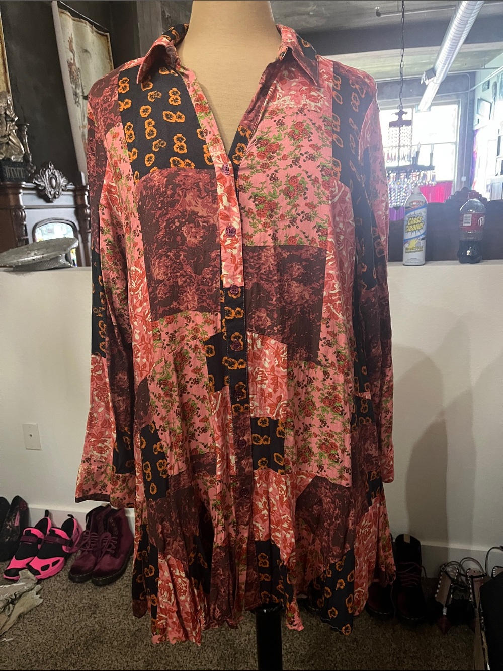 Women's Pink Patchwork Button-Front Dress